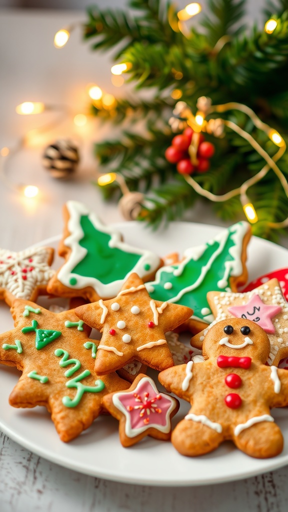 A plate of gingerbread cookies decorated for Christmas surrounded by festive decor.
